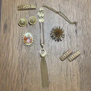 Mixed Vintage jewelry lot. tassel pendant necklace, earrings, brooch,cameo& clip